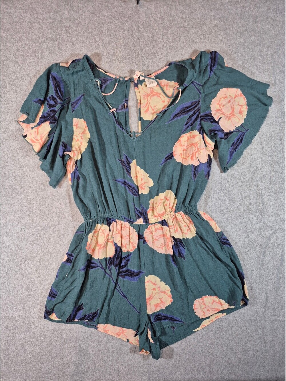 Billabong Women’s Medium Teal Floral Flutter Sleeve Romper Open Back